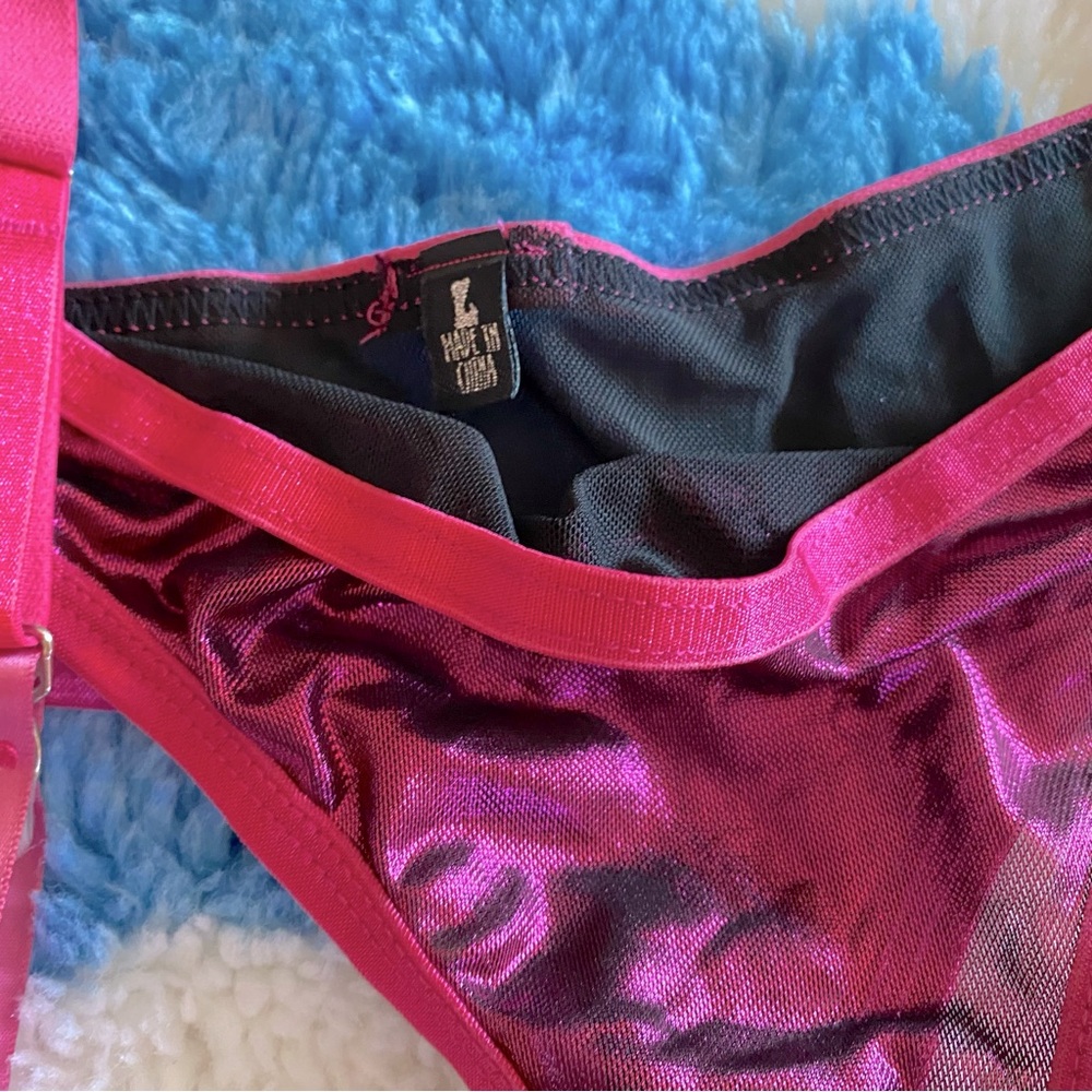 Dolls Kill Horoscopez Hot Pink Mesh Thong Underwear w Garter Belt - Picture 3 of 4